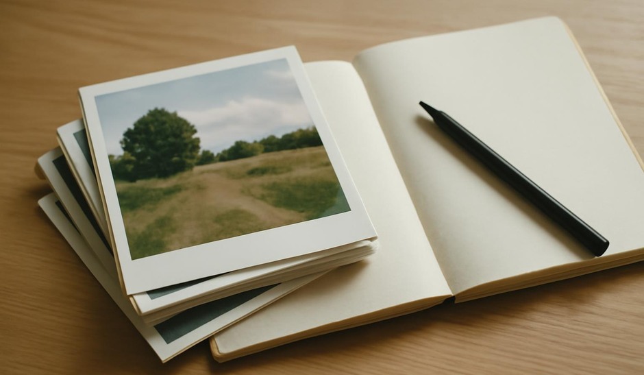 A small stack of printed photographs beside a notebook