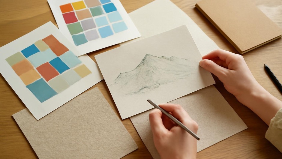 Bright studio image with paint textures, paper layers, and geometric color blocks.